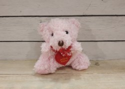 Мишка кудрявый розовый с сердцем, 8 см